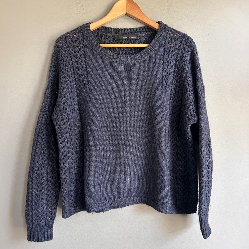 360Cashmere Navy Blue Merino Alpaca Blend Pointelle Knit Crewneck Sweater S